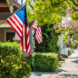 Picture of American flags on a street